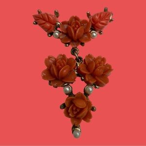 Vintage Dangle Brooch Pin Coral Roses Gold Tone Faux Seed Pearls Celluloid